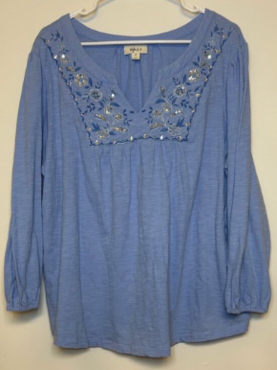 Style & Co. Tops - Style & Co Light Blue Embroidered Cotton Blouse 2X Long Sleeve Boho Peasant Top